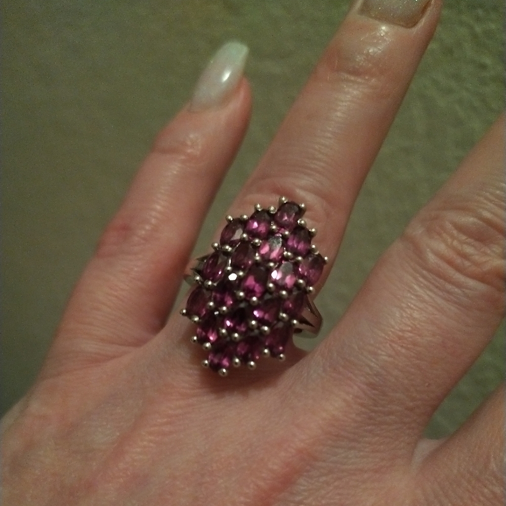 Sz. 7 Genuine Pink Rhodolite Cocktail Cluster Ring Set In Sterling Silver